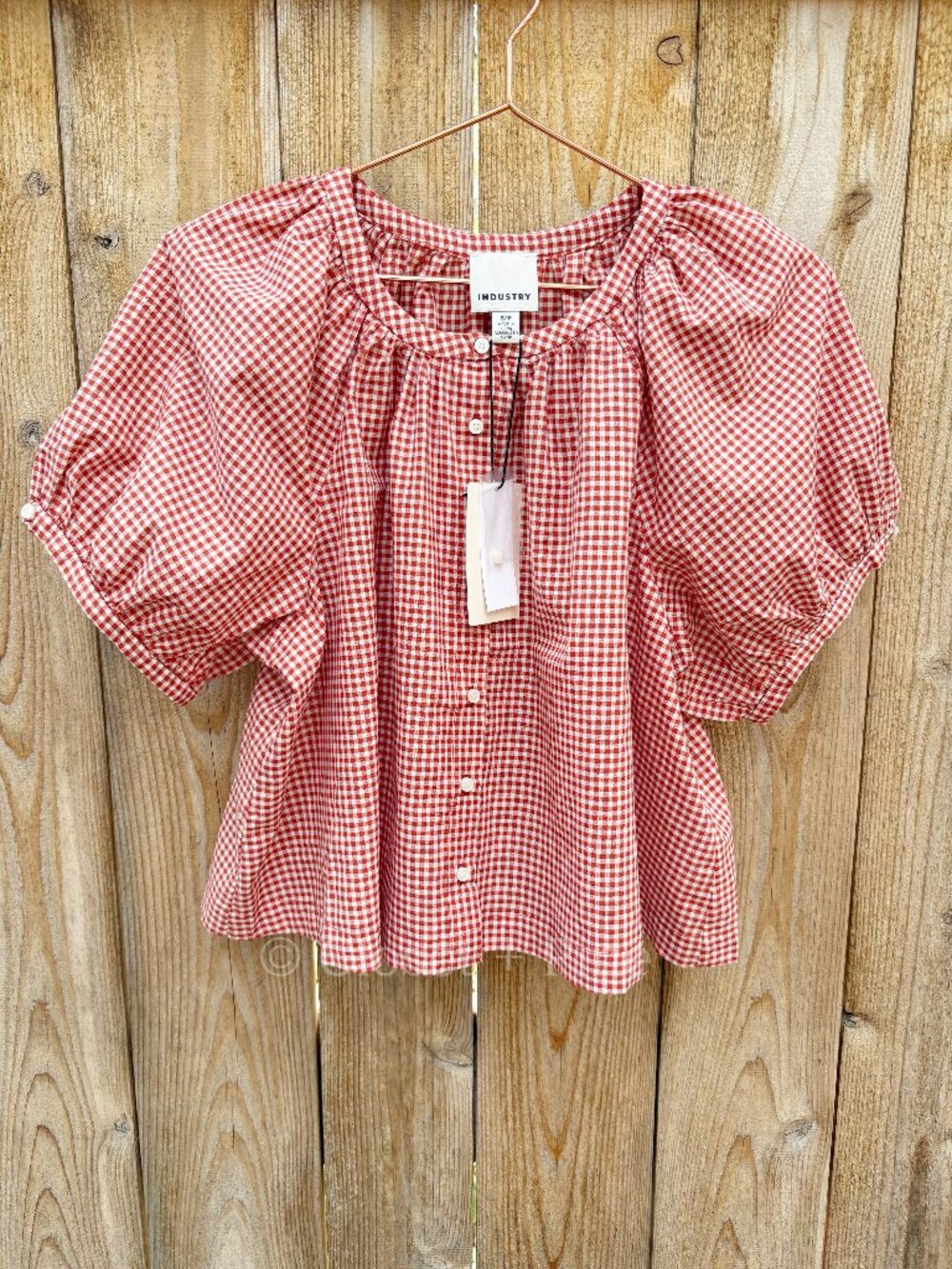 Industry Gingham Top Red Gingham June Puff Sleeve Size Small NWT - Picture 3 of 17